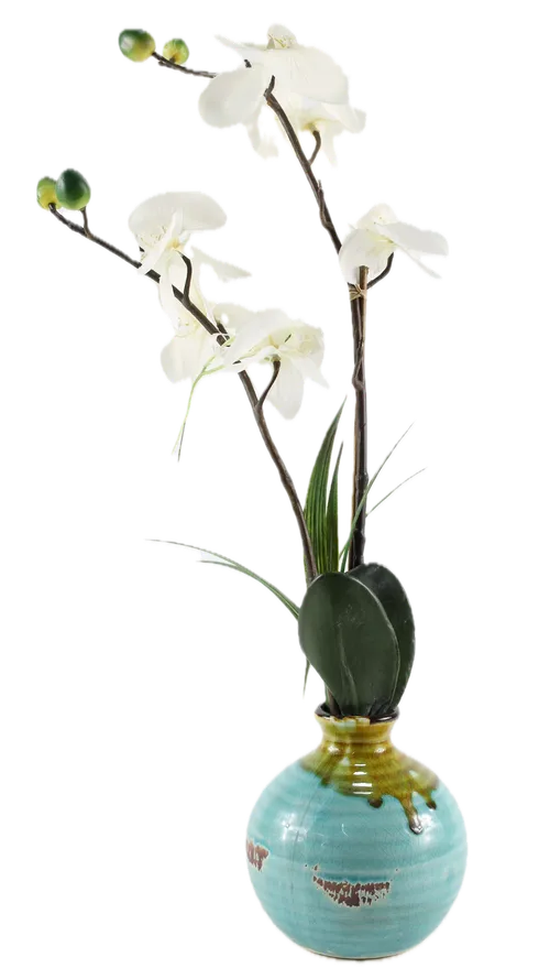 Artificial White Orchid In Turquoise Vase