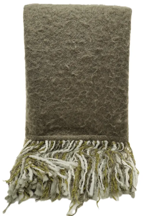 Moss Green Brushed Wool Throw Blanket With White & Grey Fringe Trim