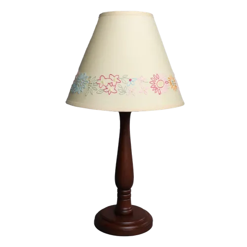Teak Spindle Table Lamp With Pale Yellow Stitched Flower Shade