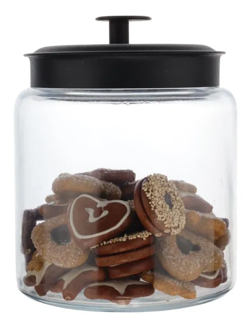 Clear Glass Canister With Black Lid Containing Artificial Prop Cookies