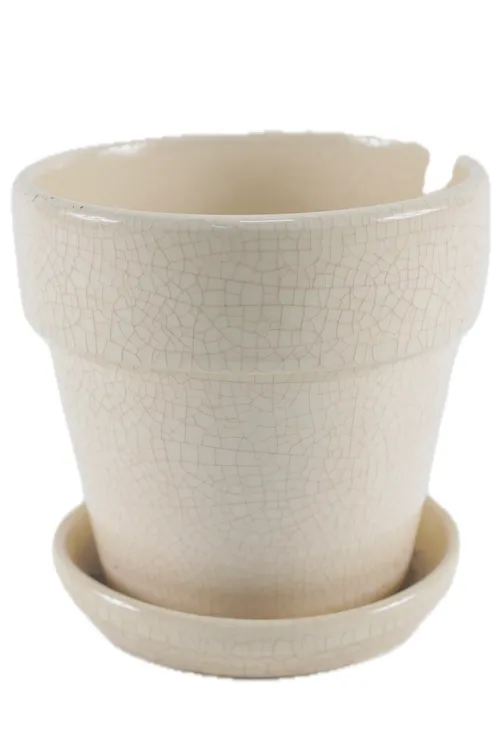 Off White Crackle Glazed Ceramic Plant Pot & Saucer