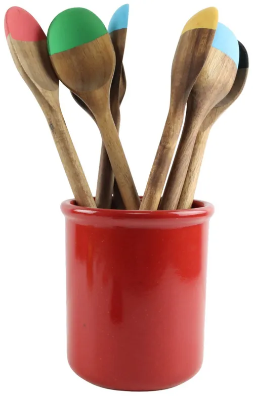 Cranberry Red Stoneware Canister With 7 Utensils
