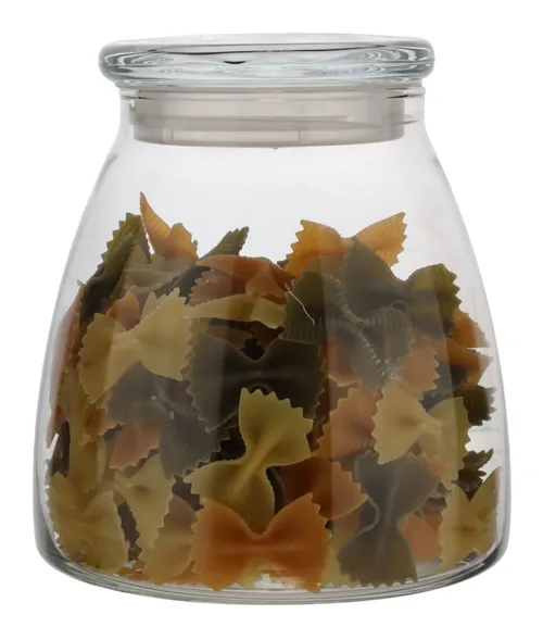 Clear Glass Tapered Canister With Lid Containing Bowtie Pasta