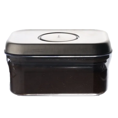 Clear Rectangular  Pop Top Storage Container With Brushed Metal Lid Containing Coffee