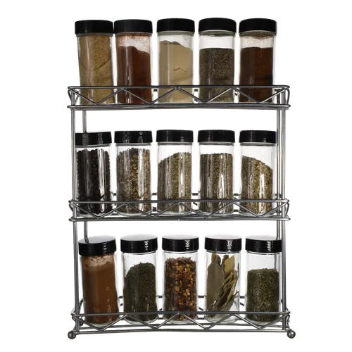 Chrome Spice Rack With 15 Spice Jars With Black Lids