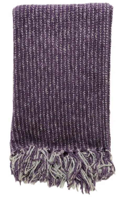 Chenille Purple & Grey Knit Throw Blanket With Fringe Trim