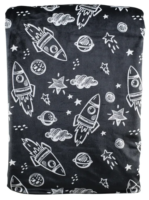 Weighted Black Fleece Throw Blanket With White Space Ships
