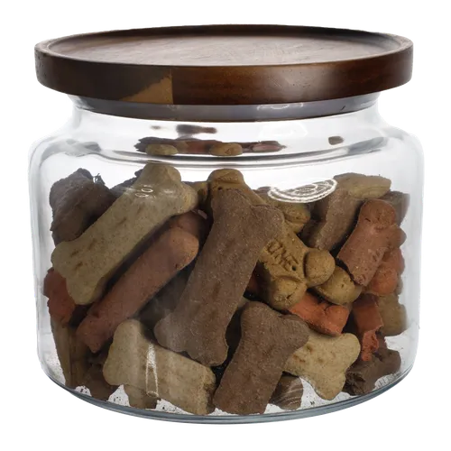 Glass Canister With Walnut Lid Containing Dog Bone Treats