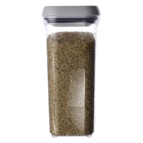 Clear Tall Pop Top Storage Container With White Lid Containing Brown Rice 