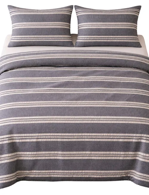 Navy Blue & White Embroidered Stripe Duvet Cover With Two Pillow Cases - King 
