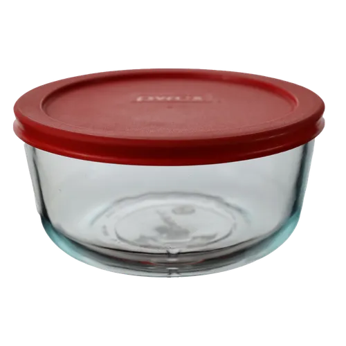 Clear Glass Bowl With Red Plastic Lid - Large