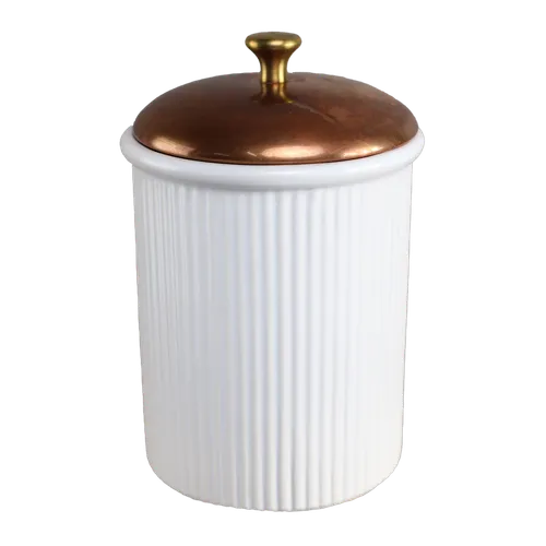White Vertical Line Ceramic Canister With Copper Lid - Large