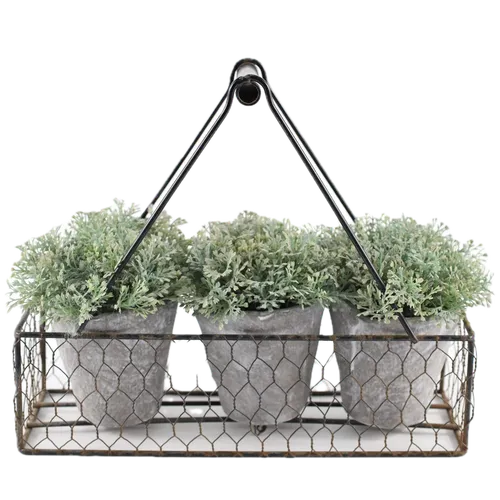 Artificial Silver Mount Mugworts Plants In Grey Pots Within Wire Carrying Case