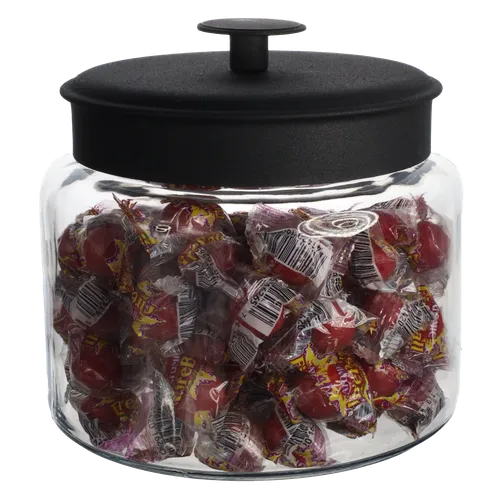 Clear Glass Canister With Matte Black Lid Containing Fireballs