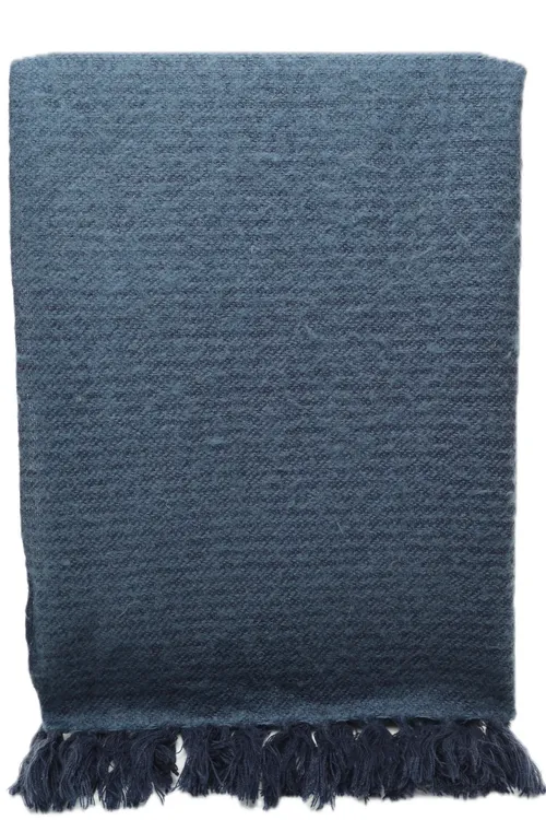 Navy Blue Brushed Wool Throw Blanket With Tassel Fringe