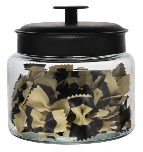 Clear Glass Canister With Black Lid Containing Black & White Pasta Pasta