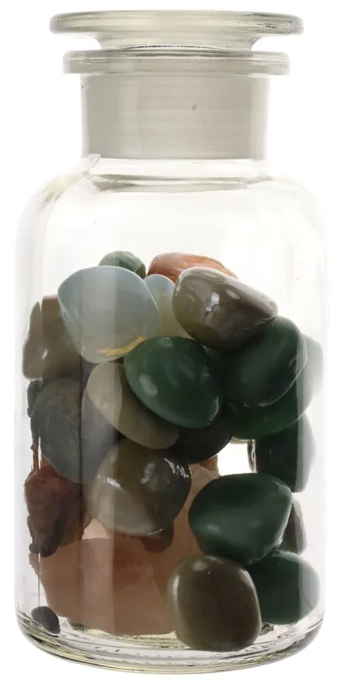Clear Glass Bottle With Ground Lid Containing Gemstones