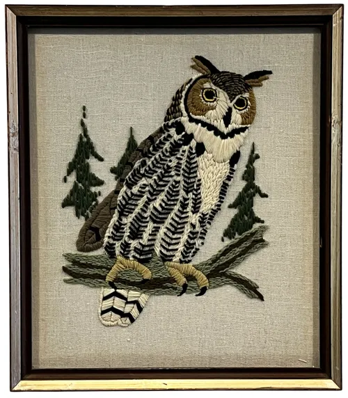 Embroidered Owl In Wood Frame