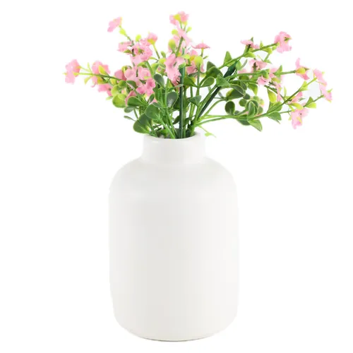 Artificial Twinspur Pink Flowers In Matte White Ceramic Bud Vase