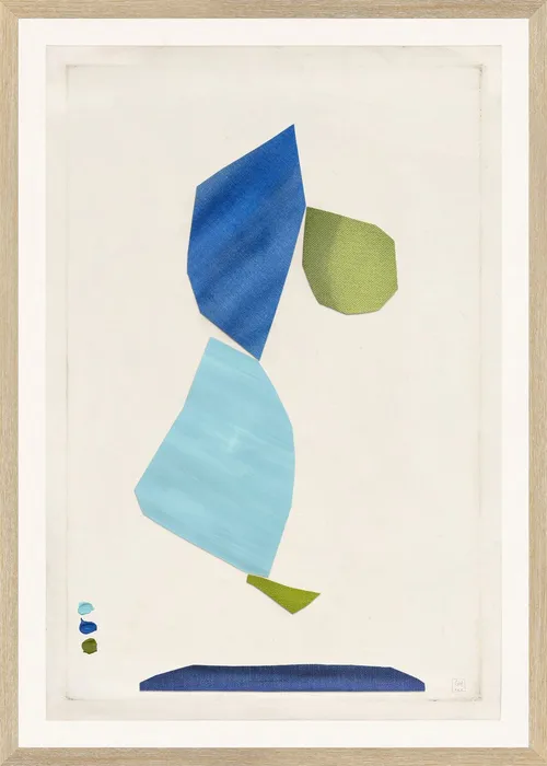 Blue Geometric Bird Abstract On Paper With Wood Frame