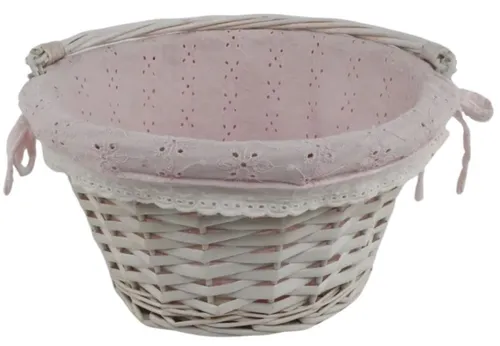 White Wicker Basket With Handle & Light Pink Fabric Liner