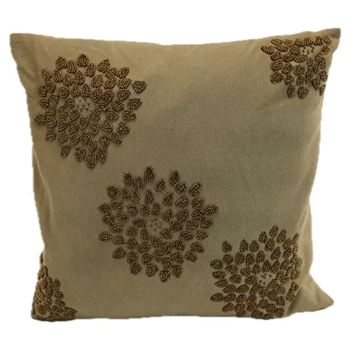 Gold With Embroidered Bronze Seed Bead Flower Pattern Throw Pillow