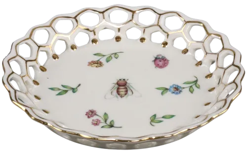 White Fine Porcelain Insect Honey Comb Serving Bowl With Gold Trim