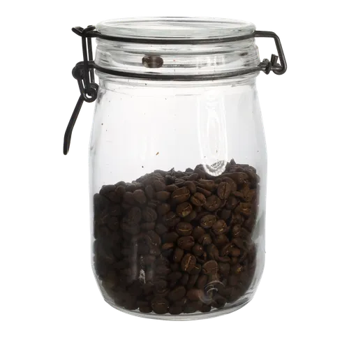 Clear Glass Canister With Hinged Lid Containing Coffee Beans