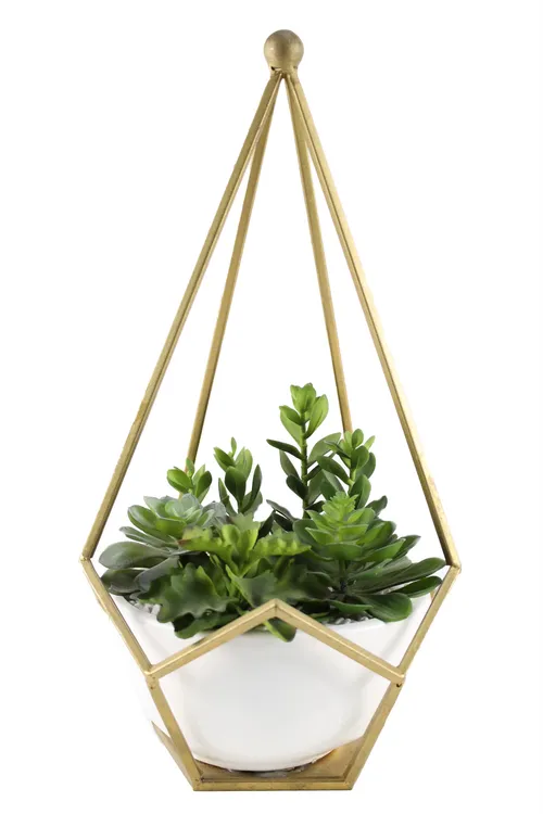 Artificial Succulent Plants In White Dome Pot Enclosed In Gold Rod Pyramid