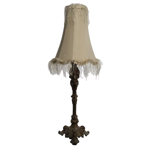Ornate Cast Metal Table Lamp With Beige Thread Trim Shade