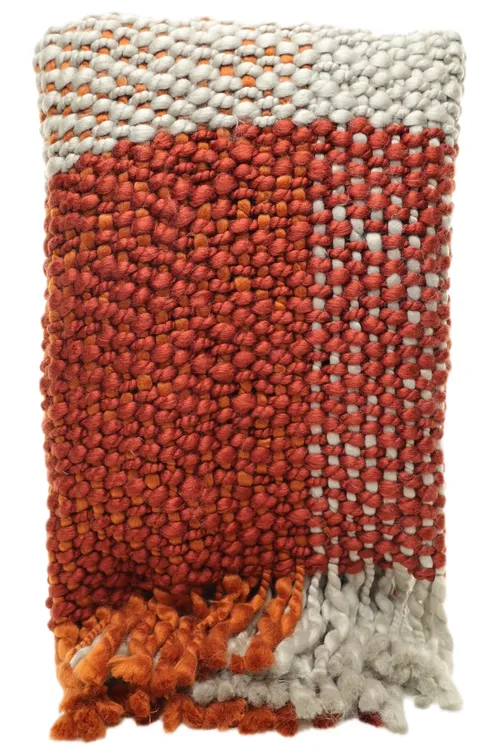 Chunky Knit Rust & Grey & Wine Throw Blanket With Fringe Trim