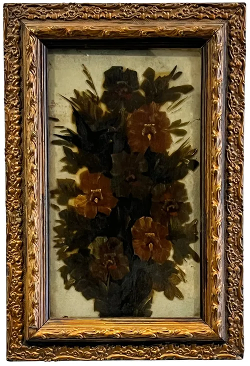 Painted Flowers On Glass In Gold Frame