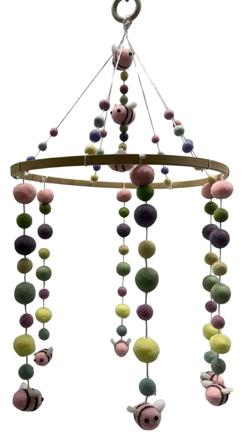 Felted Wool Pink Bee Baby Mobile
