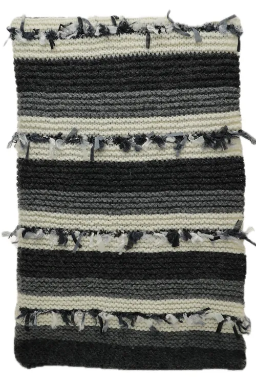 Cable Knit Black & Grey & White Stripes Throw Blanket With Tied Ribbon Embellishment