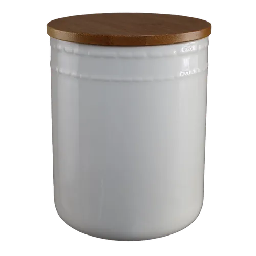 White Top Stitch Ceramic Canister With Bamboo Lid