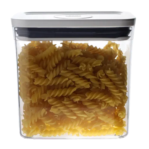 Clear Square Pop Top Low Profile Storage Container With White Lid Containing Pasta Noodles