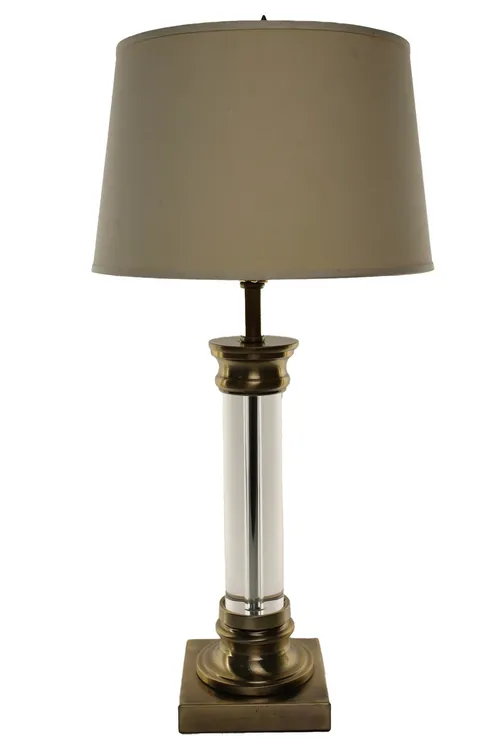 Brushed Bronze Crystal Column Table Lamp With Beige Tapered Shade