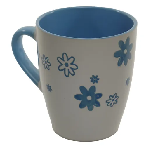 Blue Line Drawing Flowers On White Mug With Blue Interior