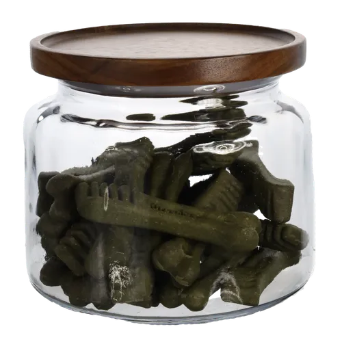 Clear Glass Canister With Walnut Lid Containing Dog Treats