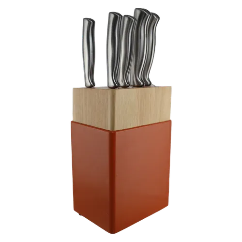 Orange & Wood Knife Block With Stainless Knives