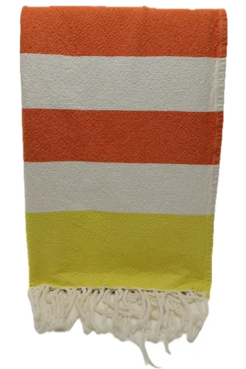 White & Orange & Yellow & Pink Striped Throw Blanket With Tassel Trim