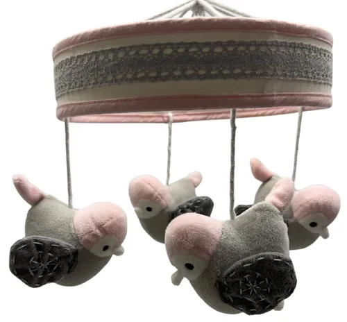 Pink & Grey Stuffed Plush Bird Baby Mobile