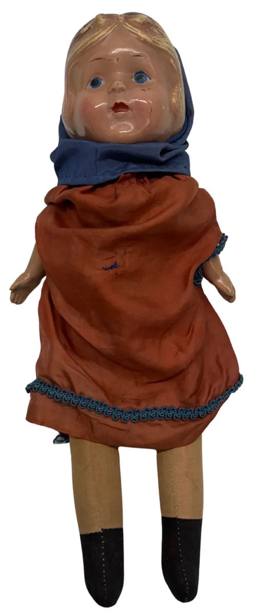 Antique Composition Doll With Red & Blue Outfit