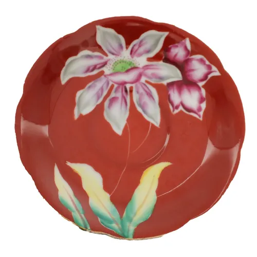 Barn Red With Floral Pattern & Gold Trim Saucer