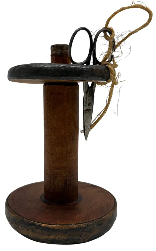 Antique Wood Spool With Scissors