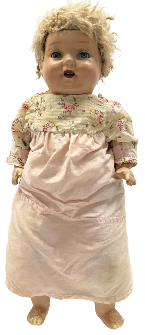 Antique Composition Doll With Pink Floral Dress