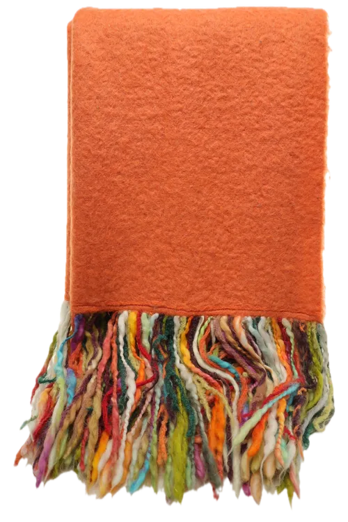 Orange Brushed Wool Throw Blanket With Multicolour Fringe Trim
