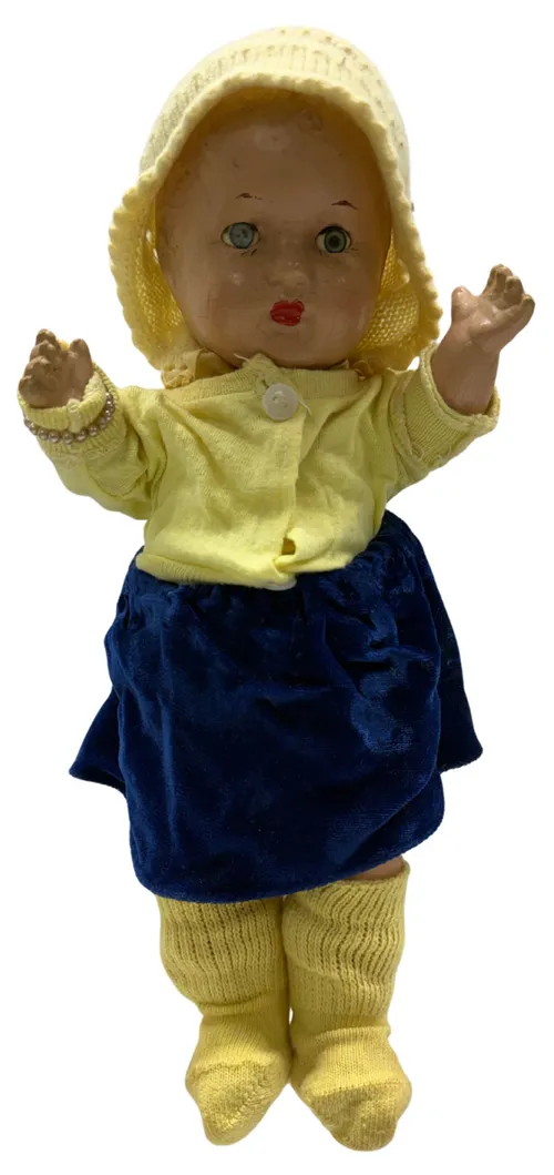 Antique Composition Doll With Blue & Yellow Outfit 
