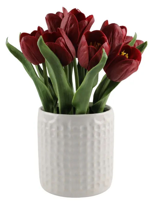 Artificial Red Tulips In White Dimpled Ceramic Pot