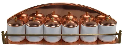 6 White Ceramic & Copper Canisters With Stand